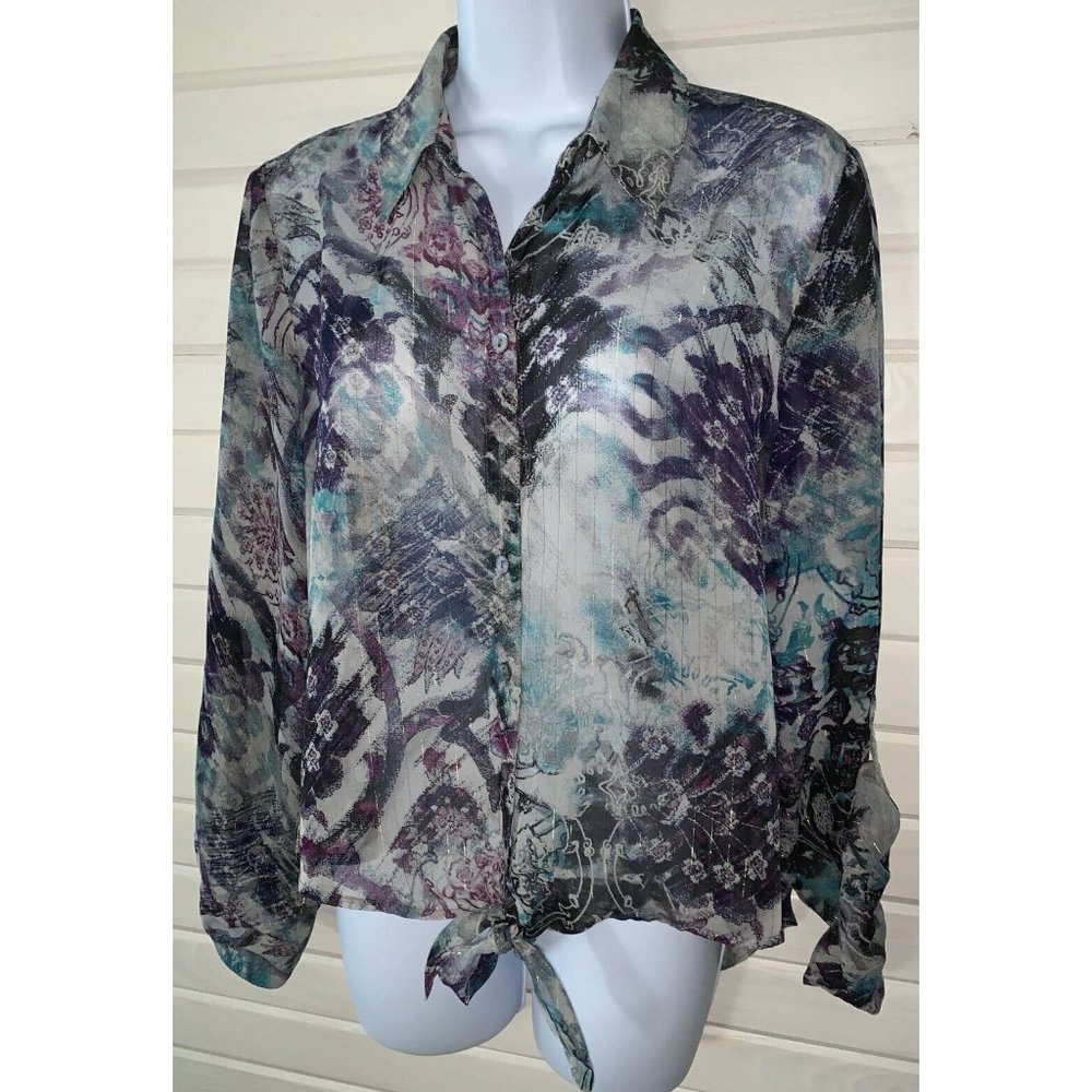 CHICO'S Sz 0 (SMALL) Twilight Touch Dallas Top Button Down Blouse Tie Front EUC